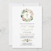 Waterverf Peach Florals First Heilige Communie Kaart (Voorkant)