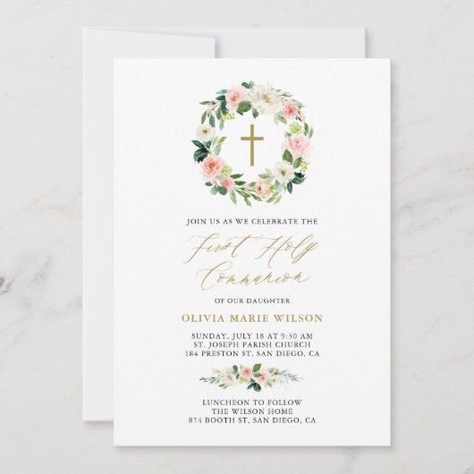 Waterverf Peach Florals First Heilige Communie Kaart (Voorkant)