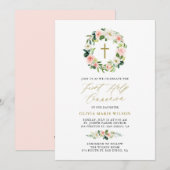 Waterverf Peach Florals First Heilige Communie Kaart (Voorkant / Achterkant)