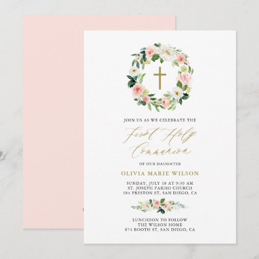 Waterverf Peach Florals First Heilige Communie Kaart (Voorkant / Achterkant)