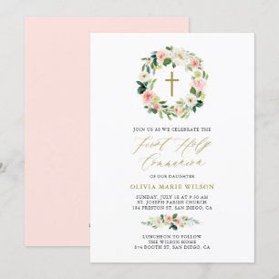 Waterverf Peach Florals First Heilige Communie Kaart