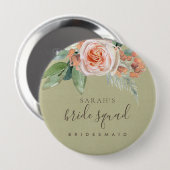 WATERVERF PEACH FLOWER BRIDE SQUAD BRIDESMAID RONDE BUTTON 4,0 CM (Voorkant /achterkant)