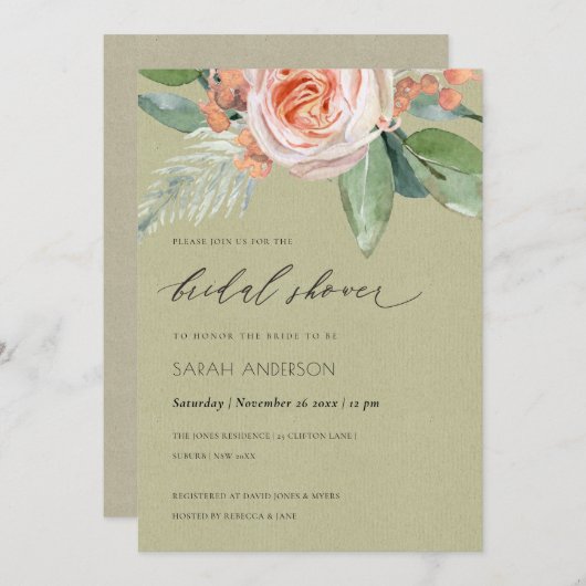 WATERVERF PEACH FLOWER FOLIAGE VRIJGEZELLENFEEST KAART (Voorkant / Achterkant)