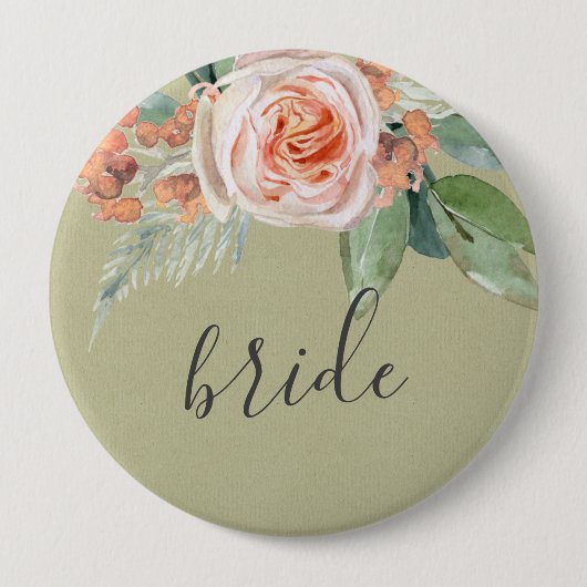 WATERVERF PEACH FLOWER GREEN FOLIAGE GOLD BRIDE RONDE BUTTON 4,0 CM (Voorkant)