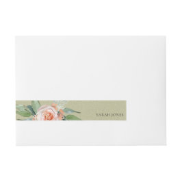 WATERVERF PEACH FLOWER GREEN FOLIAGE MONOGRAM OMWIKKELBAAR ADRESLABEL