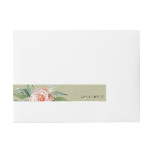 WATERVERF PEACH FLOWER GREEN FOLIAGE MONOGRAM OMWIKKELBAAR ADRESLABEL (Voorkant)