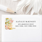 Waterverf Peach Flowers en Gold Leaves Etiket (Insitu)