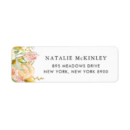 Waterverf Peach Flowers en Gold Leaves Etiket