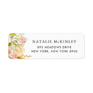 Waterverf Peach Flowers en Gold Leaves Etiket