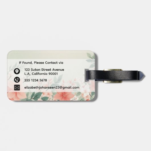 Waterverf Peach Fuzz Greenery Flowers Script Naam Bagagelabel (Achterkant horizontaal)