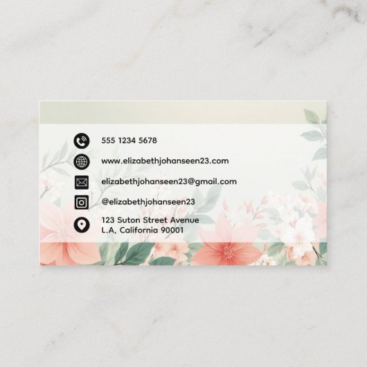 Waterverf Peach Fuzz Greenery Flowers Script Naam Visitekaartje (Achterkant)