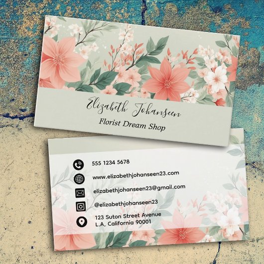 Waterverf Peach Fuzz Greenery Flowers Script Naam Visitekaartje