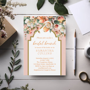 Waterverf Peach Gold Floral Bridal Brunch Kaart