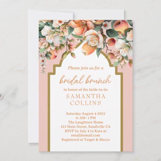 Waterverf Peach Gold Floral Bridal Brunch Kaart (Voorkant)