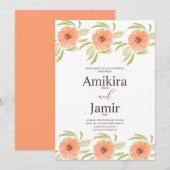 Waterverf Peach Hand Painted Florals Wedding Kaart (Voorkant / Achterkant)