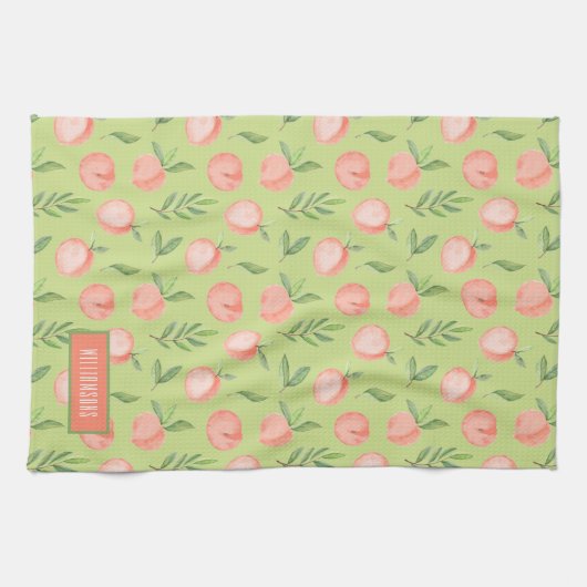 Waterverf Peach Patroon Personaliseert liime Green Theedoek (Horizontaal)