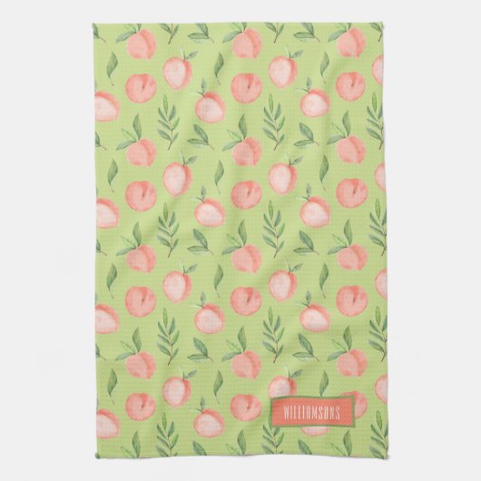 Waterverf Peach Patroon Personaliseert liime Green Theedoek (Verticaal)