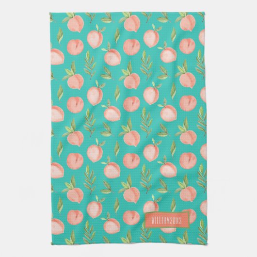 Waterverf Peach Pattern Personalized Turquoise Theedoek (Verticaal)