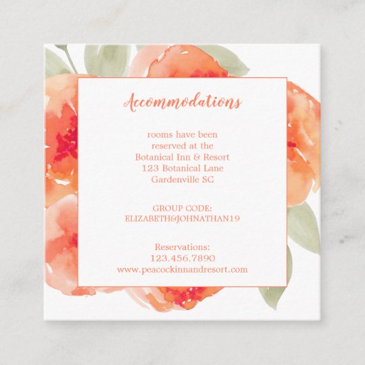 Waterverf Peach Peonies Wedding Accommodatie Informatiekaartje (Voorkant)