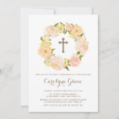 Waterverf Peach Peony Wreath First Holy Communion Kaart (Voorkant)