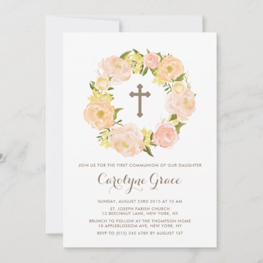 Waterverf Peach Peony Wreath First Holy Communion Kaart (Voorkant)