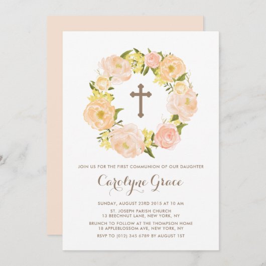 Waterverf Peach Peony Wreath First Holy Communion Kaart (Voorkant / Achterkant)