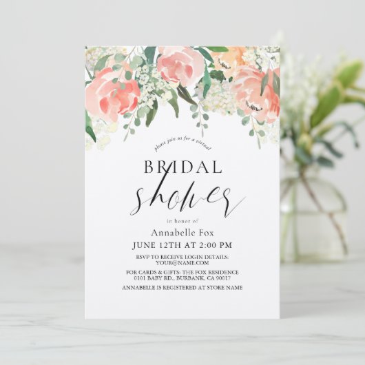 Waterverf Peach Roos Virtual Floral Vrijgezellenfe Kaart (Staand voorkant)