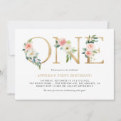 Waterverf Peach roze bloemen Gold First Birthday Kaart (Voorkant)