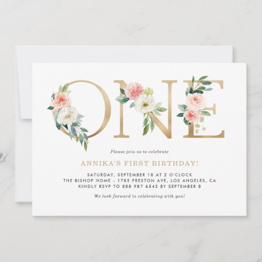 Waterverf Peach roze bloemen Gold First Birthday Kaart (Voorkant)