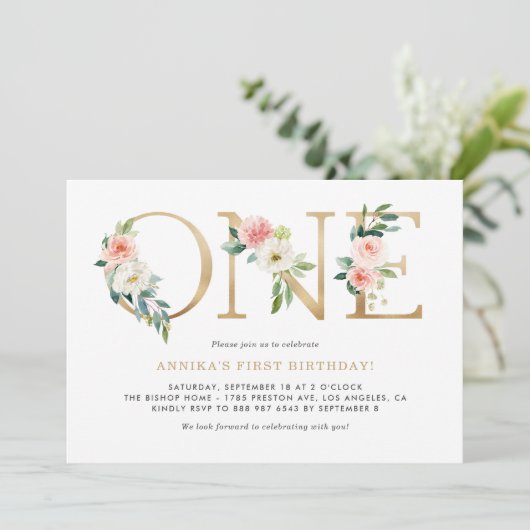 Waterverf Peach roze bloemen Gold First Birthday Kaart (Staand voorkant)