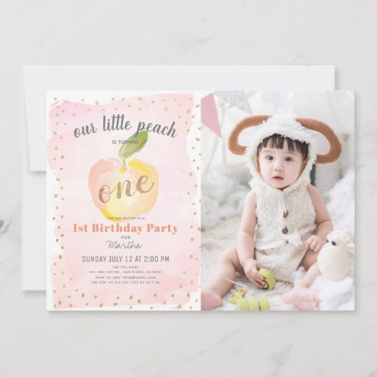 Waterverf Peach Roze Foto Meisje 1e Verjaardag Kaart (Voorkant)