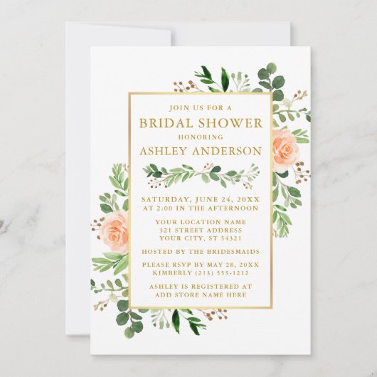 Waterverf Peach Rozen Greenery Vrijgezellenfeest G Kaart (Voorkant)