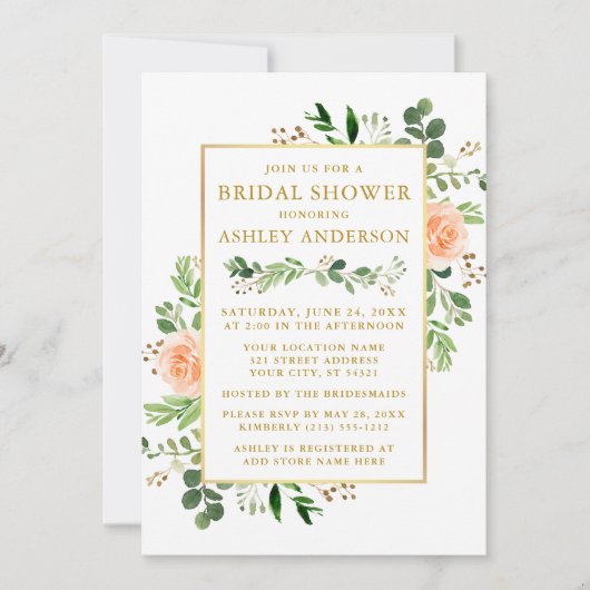 Waterverf Peach Rozen Vrijgezellenfeest Greenery G Kaart (Voorkant)