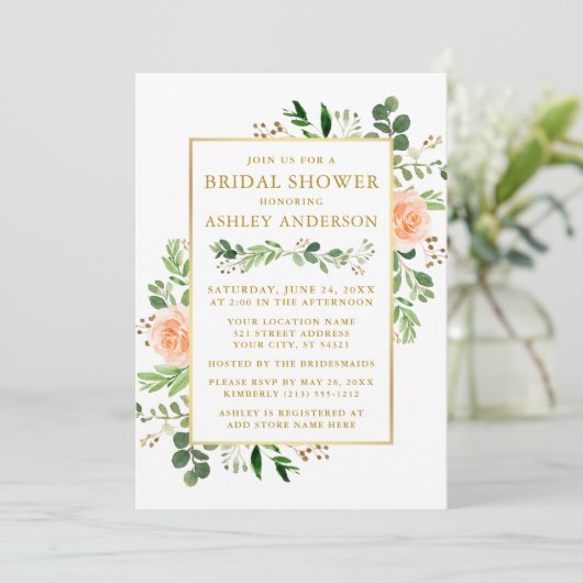 Waterverf Peach Rozen Vrijgezellenfeest Greenery G Kaart (Staand voorkant)