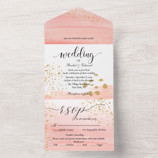 Waterverf Peach Splash Alles in één huwelijksuitno All In One Uitnodiging (Binnen)