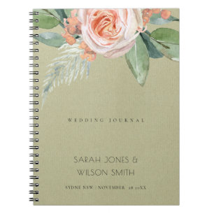 WATERVERF PEACH-STROOM GROENE FOLIAGE WEDDING NOTITIEBOEK