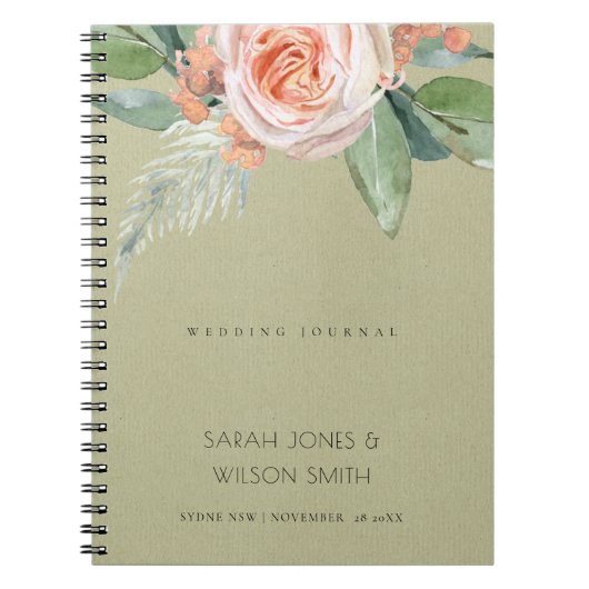 WATERVERF PEACH-STROOM GROENE FOLIAGE WEDDING NOTITIEBOEK (Voorkant)
