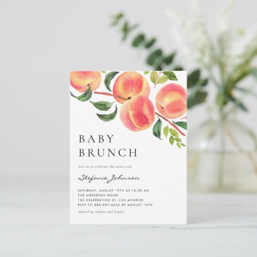 Waterverf Peaches Summer Baby Brunch Uitnodiging Briefkaart (Staand voorkant)
