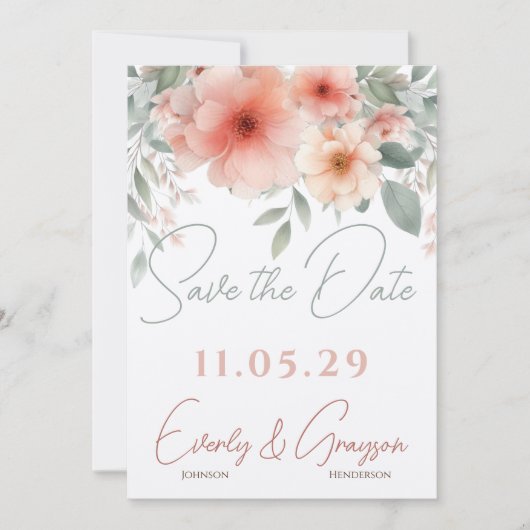 Waterverf Peachy Roze Sage Groene Bruiloft Save The Date (Voorkant)