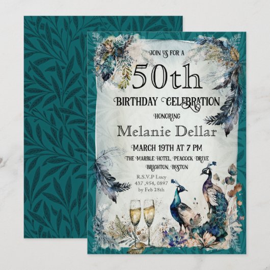 Waterverf Peacock - 50e uitnodiging (Voorkant / Achterkant)