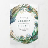 Waterverf Peacock Bloemen Veer QR Code Bruiloft Drieluik Uitnodiging (Cover)