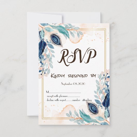 Waterverf Peacock Feather Floral RSVP Kaart (Voorkant)