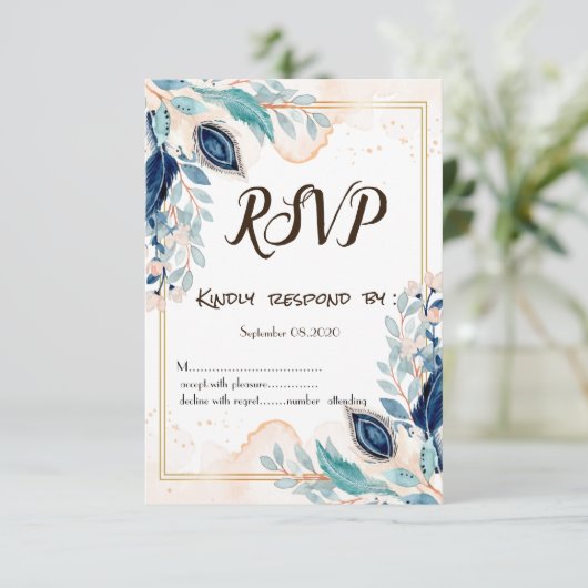 Waterverf Peacock Feather Floral RSVP Kaart (Staand voorkant)