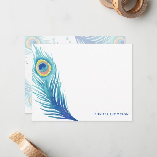 Waterverf Peacock Feather Notitiekaartje (Voorkant / Achterkant in situ)