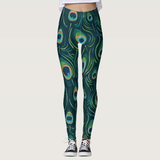 Waterverf Peacock Feather Pattern Leggings (Voorkant)
