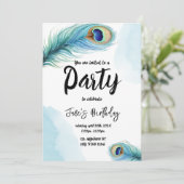 Waterverf Peacock Feather verjaardagsfeestje Kaart (Staand voorkant)