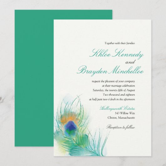 Waterverf Peacock Feather Wedding Kaart (Voorkant / Achterkant)