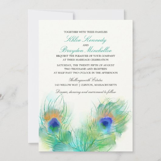 Waterverf Peacock Feather Wedding Kaart (Voorkant)