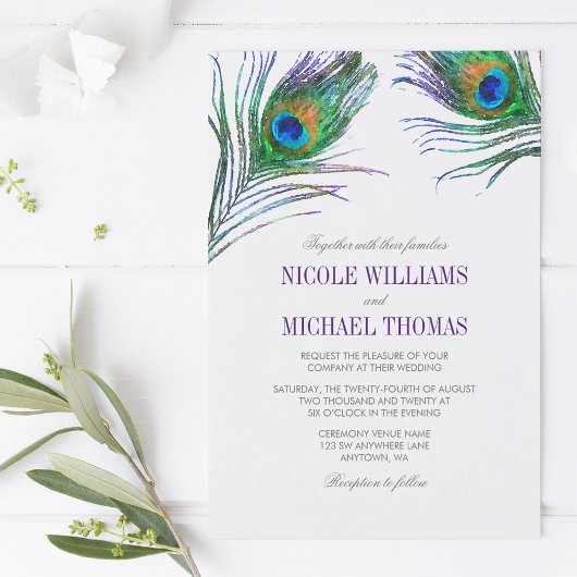 Waterverf Peacock Feather Wedding Kaart