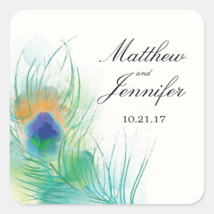 Waterverf Peacock Feather Wedding Vierkante Sticker